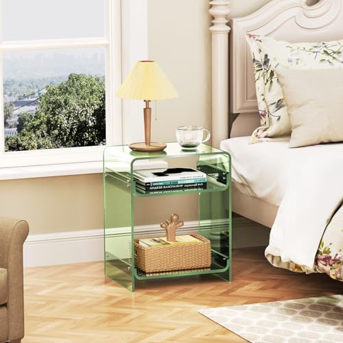 Acrylic End Table with Storage Shelf - Green Record Player Side Table