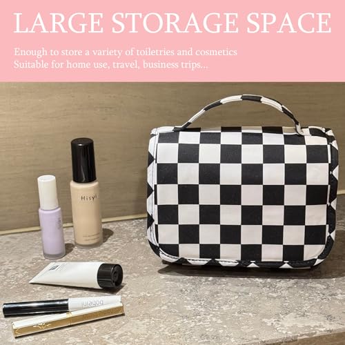Crazy Bison Black & White Checkerboard Hanging Travel Toiletry Bag Kit for Men & Women