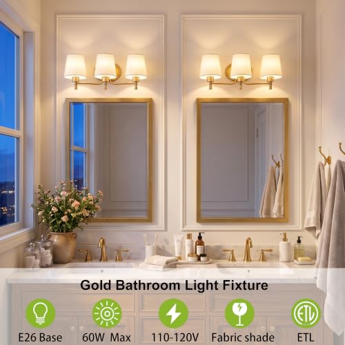 Deyidn Gold Brushed Bathroom Light Fixtures 3 Lights with Linen Shade - Modern Vanity Lighting