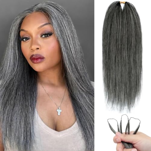 Grey Salt and Pepper Crochet Hair 12 Inch 50 Strands - Reusable Human Hair Bundles for Black Women, Invisible Knotless Style - #Grey Straight-50Strands / 12IN
