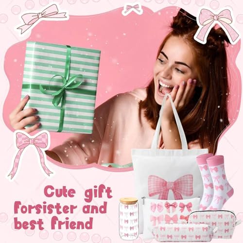Coquette Gift for Women Bow Preppy Makeup Bag Set Aesthetic Glass Cups with Lids, Canvas Tote Bag Gift Set, Bow Themed Gifts for Woman(Pink)