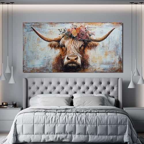 Highland Cow Canvas Wall Art Large 48x24 Inches - Rustic Living Room Decor - JYQ-N Variation