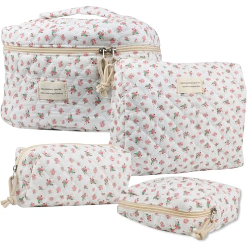 Large Cotton Quilted Makeup Travel Bag with Floral Design - Red Rose, 4-Piece Set - Women's Organizer