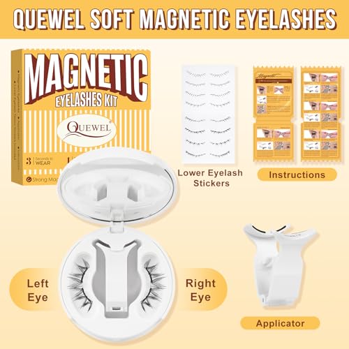 QUEWEL Magnetic-Eyelashes with Applicator, Upgrade 1 Pair Soft Magnetic Lashes, No Glue Needed Reusable Magnetic Eyelashes So Soft and Suitable for Beginners (Soft-Magnetic-A)