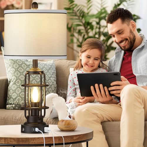 Black Industrial Dimmable Bedside Table Lamp with USB-C & AC Outlet - Modern Nightstand Light - 4 Bulbs Included - Rustic Touch Control