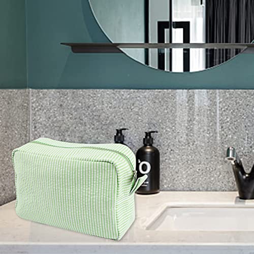 Seersucker Cosmetic Bag, Large Makeup Pouch Travel Toiletry Case with Zipper Closure Seersucker Cosmetic Organizer for Women Girls, Baby Diaper Bag Organizer