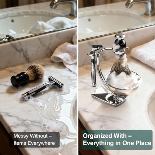 Shaving Bowl Set with Stand and Synthetic Brush - Chrome Alloy & Magnetic Base