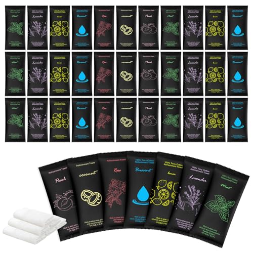 Moist Cotton Towel Bulk Moist Towelettes Individually Wrapped 8.7" x 8.7",White Towel Services,Refreshment Pre Moistened Towels Lavender Lemon Mint Unscented Peach Rose Coconut for Sport Spa (70)
