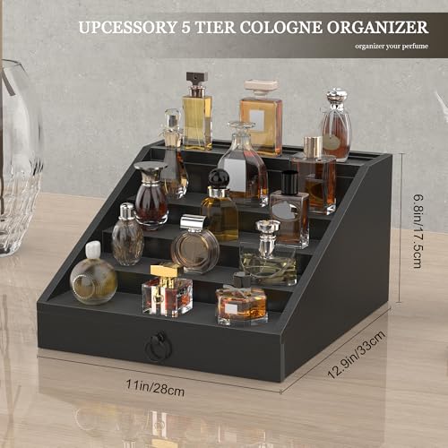 Wooden Cologne Organizer for Men Enhanced 5 Tier Cologne Stand Shelf Perfume Organizer with Velvet Lined Drawer & Hidden Storage Perfume Display Holder for Dresser Nice Gift (Classy Black)