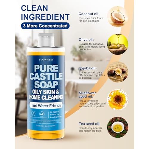 Pure Castile Soap Liquid Unscented 33.8 fl oz, Organic Body Wash£¬Bath Soap Castile Liquid, Hard Water Friendly for Sensitive & Oily Skin for Body£¬Face, Hand, Multi-Purpose Home Cleaner 1L