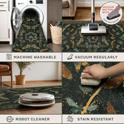 Hazo Haus 5'x7' Dark Green Fairy Insect Area Rug, Washable Non-Slip Carpet for Living Room & Bedroom