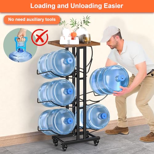 6 Bottle Water Jug Holder with Lockable Casters & Removable Wood Top - Brown