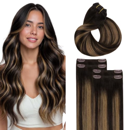 MAXITA Clip-In Hair Extensions 16 Inch 60g Real Human Hair Balayage Dark Brown Mix - 4PCS