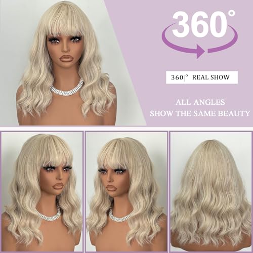 Blonde Short Bob Wig with Bangs - 14 Inch Curly Wavy Synthetic Cosplay Wig for Women