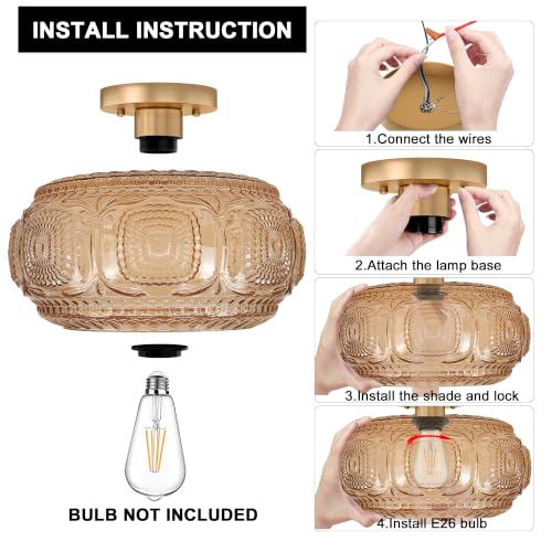12 Inch Amber Mid Century Glass Semi Flush Mount Ceiling Light Fixture - OYKYOHEI