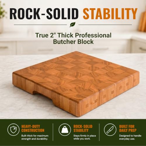 Mahogany End Grain Cutting Board 12.6x12.6in with Holder – Knife-Friendly, Heavy Duty