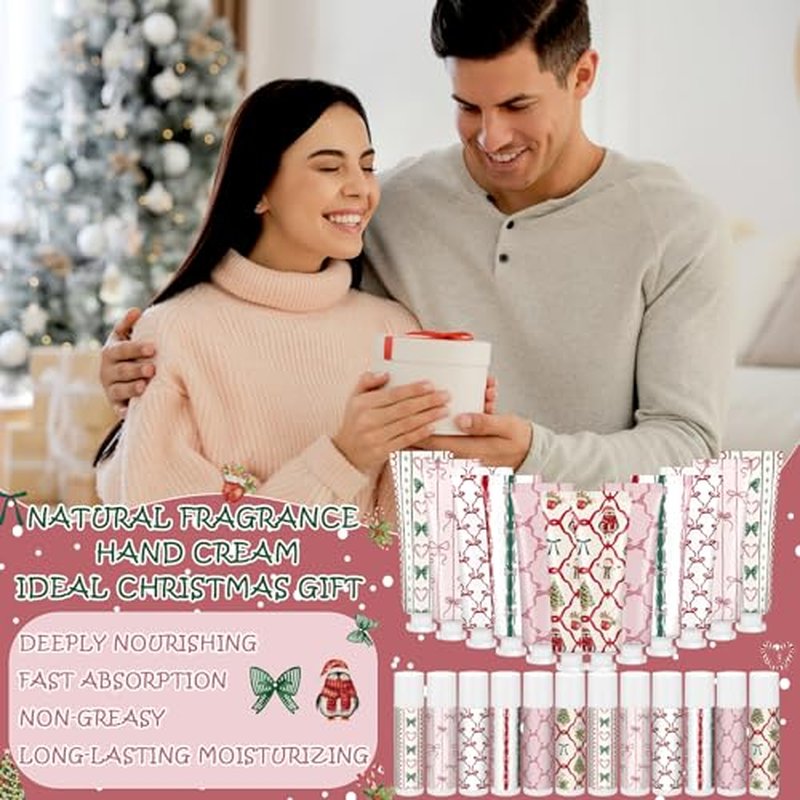 24 Pcs 12 Sets Valentine's Day Hand Cream and Lip Balm Bulk Gift Set, 6 Scents Coquette Bow Valentine's Day Travel Size Hand Lotion Lip Care Gift for Women Staff Coworkers