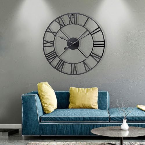 Black 30 Inch Large Roman Numeral Wall Clock - Antique Metal Decor, Waterproof Indoor Outdoor