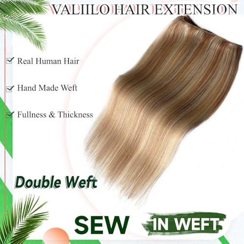 16 Inch Sew In Hair Extensions - Golden Brown & Blonde Highlights, Remy Human Hair Weft