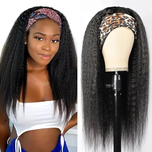 20 Inch Kinky Straight Human Hair Headband Wig for Black Women - Natural Brazilian Virgin Hair, Glueless, Tangle-Free, Styleable