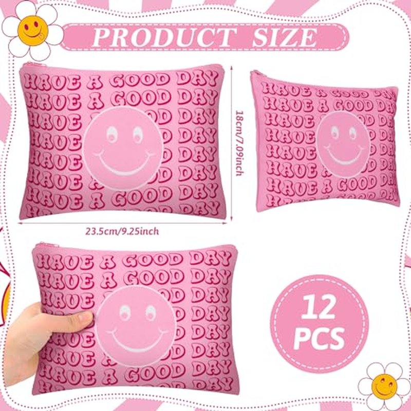 Kajaia 12 Pcs Preppy Makeup Bag with Zipper Pink Christmas Preppy Gift Cute Large Smile Face Cosmetic Bag Portable Travel Toiletry Accessories for Women