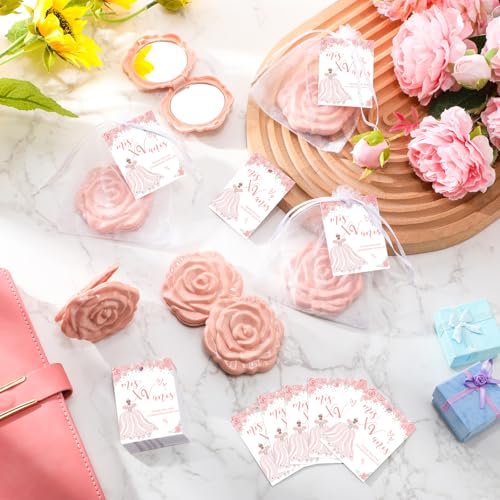 Wenqik 30 Sets Quinceanera Party Favors for Guests Rose Design Compact Pocket Mirrors Quinceanera Cards Thank You Gift and Organza Bags Birthday Party Favor (Champagne Pink)