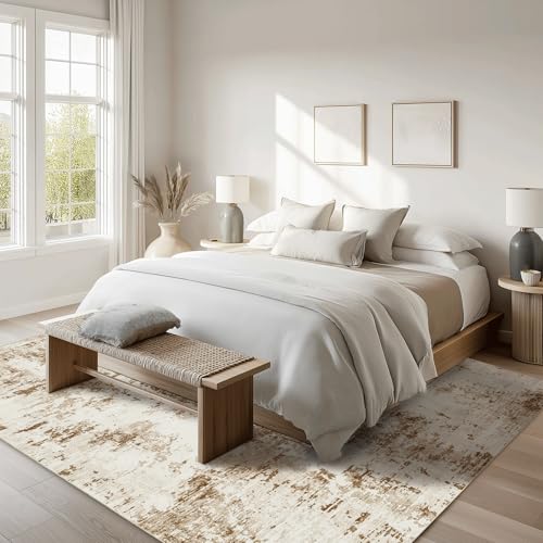 8x10 Washable Modern Abstract Area Rug - Brown Beige Living Room Carpet
