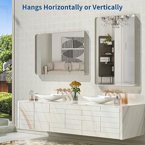 Bathroom Vanity Mirror 24x36 Inch Brushed Nickel Wall Mirror - Modern Rectangle