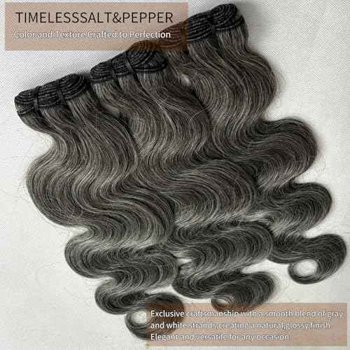 SIYUSI Salt and Pepper Human Hair Bundles 12 14 16 Inch Body Wave Human Hair 3 Bundles 100% Unprocessed 12A Brazilian Hair Weave Extensions Natural Gray-White Color