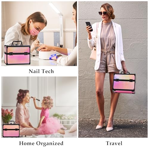 Makeup Train Case Organizer with Mirror and Pouch - Black Bright Pink Variation
