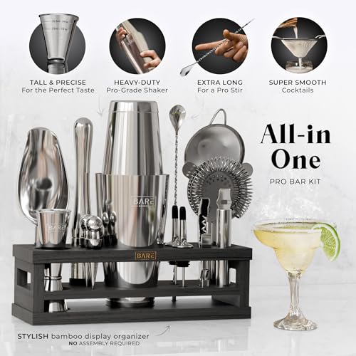 Bartender Kit Bar Set with 28oz Boston Shaker - Silver & Black | 16-Piece Cocktail Mixing Tools & Recipe Cards