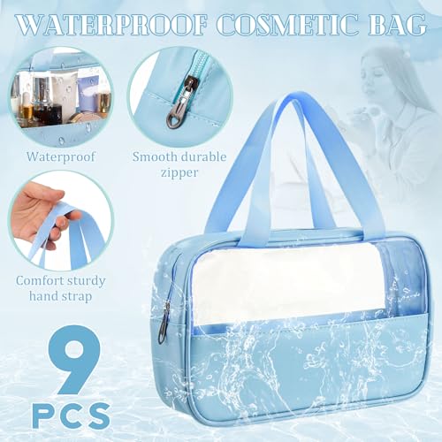 Translucent Makeup Bag Set - Blue Travel Organizer 9 Pcs - Waterproof