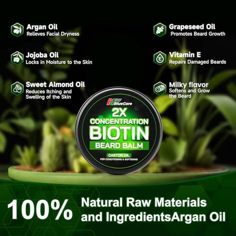 Beard Balm-2X Concentration Biotin -Styles, Growth, Strengthens & Softens Beards and Mustaches - Natural Beard Conditioner Wax with Organic Shea Butter, Argan & Jojoba Oils