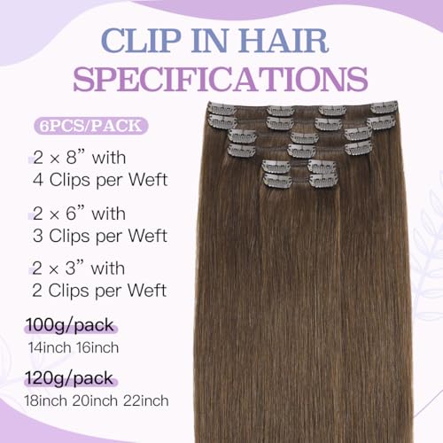 Clip in Hair Extensions Human Hair 14 Inch Thick 100g - Medium Brown #4