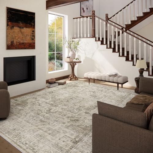 Palohom 5' x 7' Brown & Cream Washable Vintage Area Rug - Non-Slip, Soft, Stain-Resistant for Living Room & Bedroom