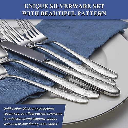 Silverware Set for 8 - Silver Daisy Pattern Stainless Steel Flatware, Modern Kitchen Utensils