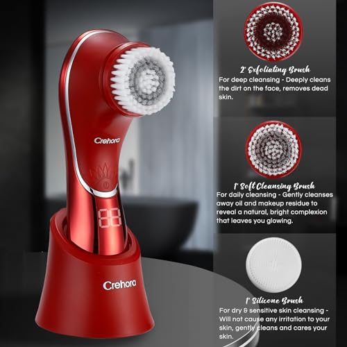 Facial Cleansing Brush, Electric Face Scrubber, Facial Cleansing Brush Rechargeable IPX-7 Waterproof Rotating Face Scrubber for Exfoliating, Massaging and Deep Cleansing with 4 Brush Heads