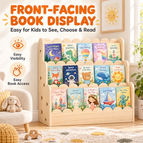Kids Front-Facing Bookshelf - Montessori Wooden Bookcase for Toddlers