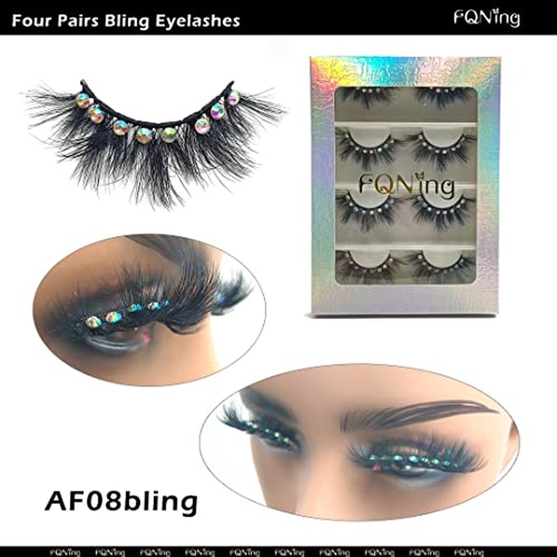 False Eyelashes with Glitter Rhinestones On, Bling Lashes 2023 Sparkle Full Strip Mink Eyelash 4 Pairs¡¦ (AF08bling)