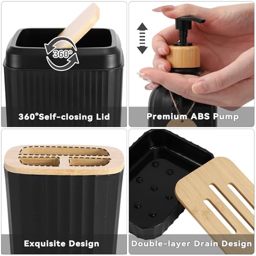 Black Bathroom Set with Shower Curtain and Rugs - 32PCS Toilet Accessories Including Trash Can & More - Variation: Bath Set + Shower Curtain + Bath Rugs