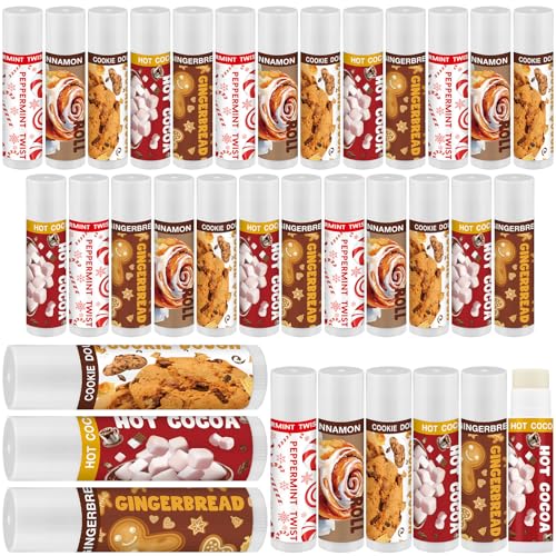 25 Pcs Christmas Lip Balms Bulk Peppermint Candy Cane Gingerbread Hot Cocoa Gifts Cookie Cinnamon Flavor Lip Balm Party Favor Xmas Stocking Stuffers Christmas Bulk Gifts for Coworker Staff Employee