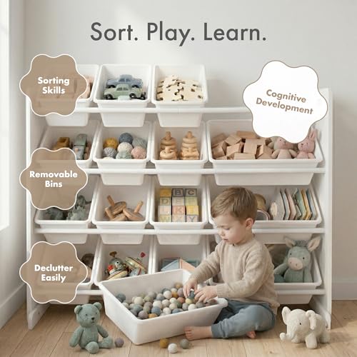 Humble Crew Kids Toy Organizer with 16 Bins - White/White, 4-Tier Storage