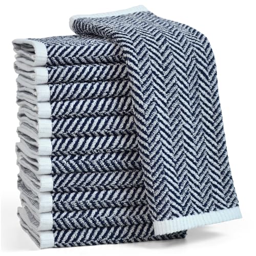 Cleanbear Navy-Blue Herringbone Cotton Washcloths 12-Pack - Soft & Durable Shower & Hand Towels