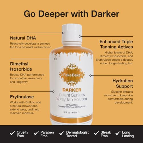 Fake Bake Darker Spray Tan Solution Sunless Self Tanner for Professional Airbrush Machine Long-Lasting Face & Body Glow Bronzing Self Tanning for Women & Men - 32 fl Oz