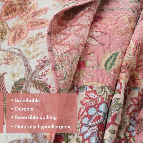 Pink Floral Cotton Quilt Set Queen Size Reversible Bedspread for All Seasons