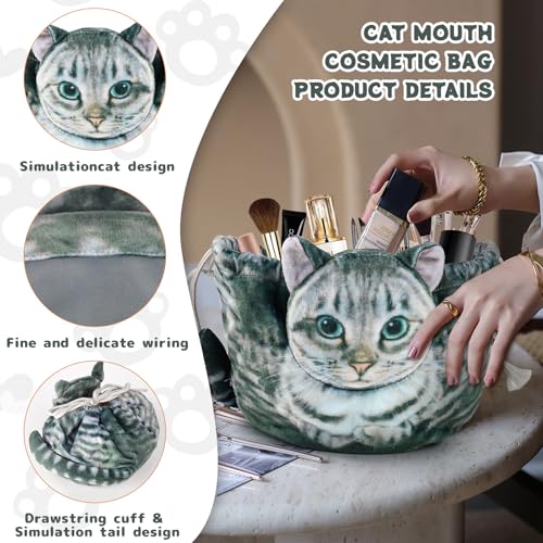 Cat Shaped Drawstring Makeup Bag for Women - Grey Feline Cosmetic Organizer