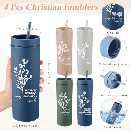 Fumete 4 Set Christian Gifts for Women Men 16oz Skinny Cup Religious Makeup Cosmetic Bag Bible Verse Keychain Regalos Cristianos En Espa?ol for Church Pastor Wife Grandparents(Classic Color)