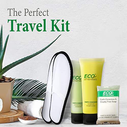 ECO amenities 140-Piece Bulk Hotel Toiletries Set - TSA-Approved Travel Shampoo & Conditioner - 14 g Bar Soap Bulk - 40 1 fl oz Shampoo & Conditioner, 20 Slipper Pairs