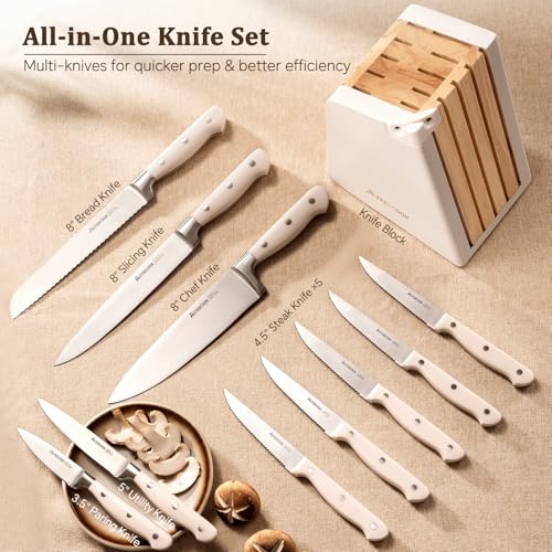 Cream White 12-Piece Kitchen Knife Set with Block & Sharpener - Full Tang Stainless Steel, Ergonomic Handles