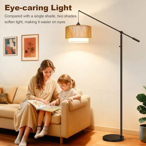 Yemela Boho Matte Black Dimmable Floor Lamp with Rattan & Fabric Shades, Adjustable Swing Arm, Tall Farmhouse Standing Lamp for Living Room & Bedroom